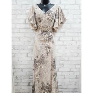 Mac Duggal Women 12 Sequin Beaded Lace Flutter Sleeve Maxi Gown Taupe Champagne